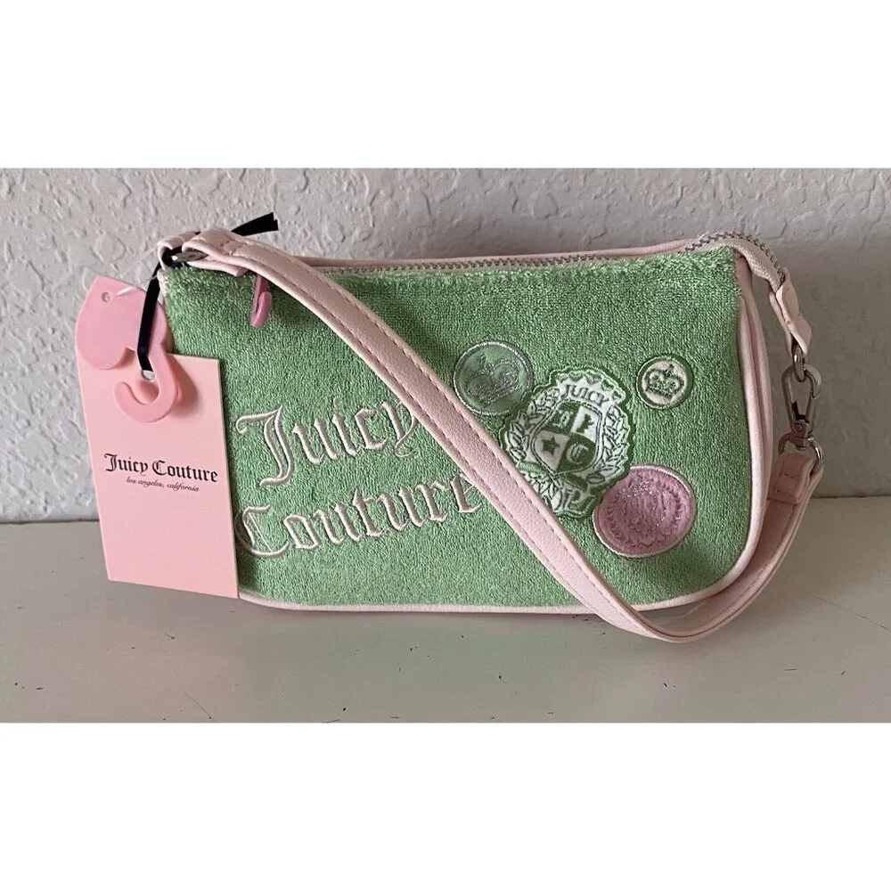 Juicy Couture Juicy Girl Rule Wristlet Bag Retro‎ Green Terry Cloth Logo Patches